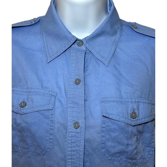 Tory Burch Button Up Women 4 Long Roll Sleeve Pocket Epaulets Sheer Shirt Blue - Picture 6 of 9